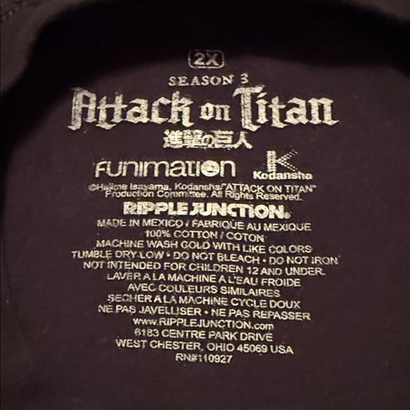 🖤RIPPLE JUNCTION BLACK ATTACK ON TITAN LEVI MENS T-SHIRT SIZE 2XL🖤 - Picture 4 of 8